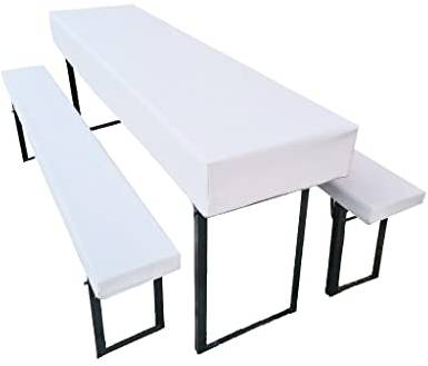 Bierzeltgarnitur Auflage (3er Set) aus 1x Tischdecke und 2X Bierbankhussen. Größe und Farben wählbar. (220 x 70 cm, Weiß)