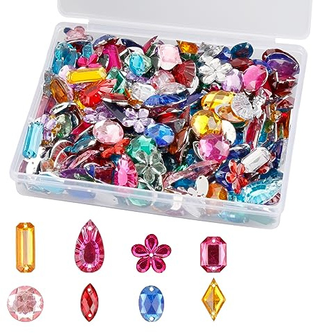 200Pcs Acrylic Sewing Crystals, GLADFRESIT Colorful Jewelry Gemstones with Holes – Resin Diamond for Clothes Decoration, DIY Crafts