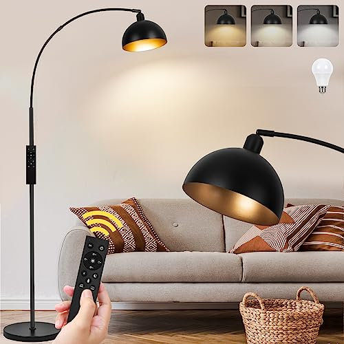 【Aggiornato】Lampada da terra ad arco nero per soggiorno, lampada da terra ad arco dimmerabile con telecomando e lampadina LED da 2700-6000 K 9 W inclusa, lampada moderna ad arco in piedi, lampada