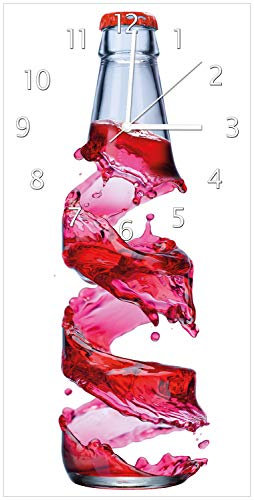 Wallario Design-Wanduhr Flasche mit roter Brause - Wirbelsturm aus Glas, Motiv-Uhr Größe 30 x 60 cm, weiße Zeiger