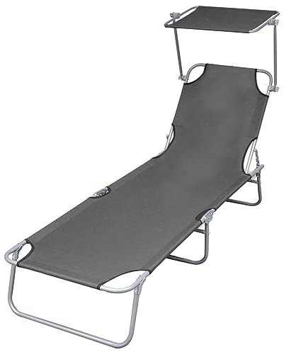 LAPOOH Klappliege mit Sonnenschutz, Sonnenliege, Gartenliege, Liegestuhl, Liegestühle, Sonnenschutz Garten, Terrassenliege, Strandliege, Stahl Grau