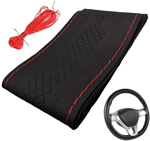 Amindz Funda Volante Coche Cosida,DIY Cuero Cubierta del Volante de 37-38.5 cm con Agujas e Hilo Cubre Volante Coche Universal, Accesorios Coche Interior(Negro)