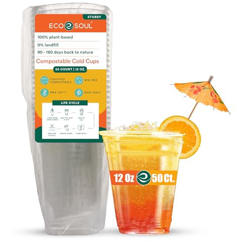 ECO SOUL 50 Compostable Clear Plastic Cups 12 Oz (350 ml) - Eco-Friendly Disposable Cups for Parties, Iced Coffee, Smoothies, Beer & Cold Drinks - Plant-Based, Biodegradable, Recyclable
