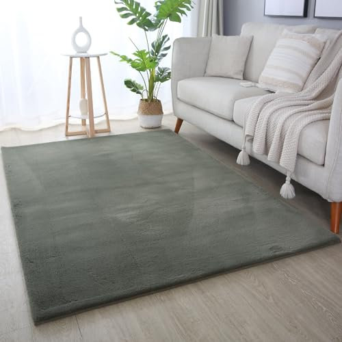HomebyHome Teppich Wohnzimmer 140x200 cm Grün Waschbarer Hochflor Flauschiger Teppiche Einfarbig Moderne Design - Küchenteppich Waschbar Shaggy Extra Weich Teppich für Schlafzimmer Kinderzimmer