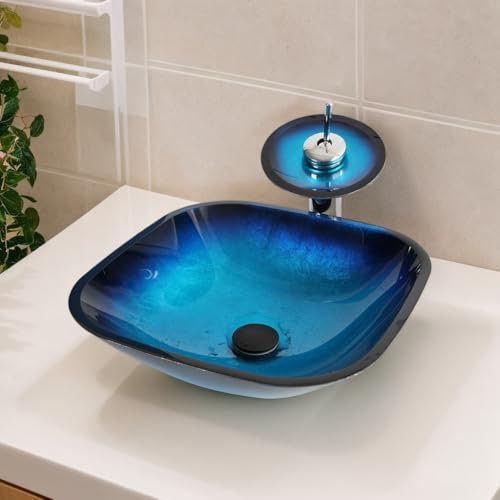 Lonuebu 17 Inch Artistic Blue Tempered Glass Countertop Bathroom Sink with Faucet and Drain Combo Square Vessel Sink for Bathroom Vanity Above Counter Bowl Sink