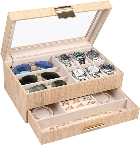 LANDICI Watch Box Organiser Jewellery box for Men Women, 2 Layer 6 Slot PU Leather Watch Storage Case with Glass Top, Large Jewelry Display Holder for Sunglasses Necklace Earring Ring (Oak)