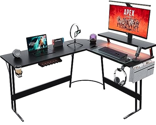 Devoko L Shaped Gaming Desk 160x130x75cm With Removable Monitor Stand, Corner Computer Desk Large PC Writing Table for Home and Office,Easy to Assemble, Carbon Fibre Black