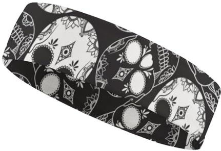 Elastisches Stirnband Herren und Damen, Schwarze komplexe Totenkopf-Schweißbänder für Laufen, Fitness, Tennis, Basketball, Yoga und mehr (1 Packung)