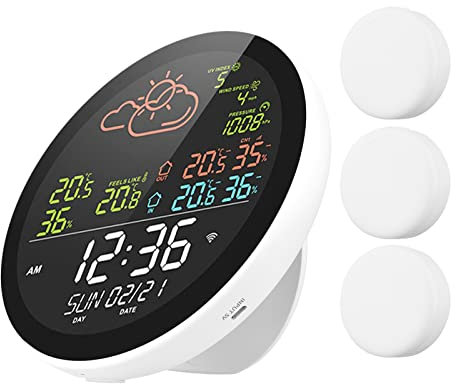Station météo Wifi avec horloge, compteur de température et d'humidité intérieure et extérieure, grand écran couleur multifonction, affichage la température l'horloge météo, hygromètre avec 3 capteurs