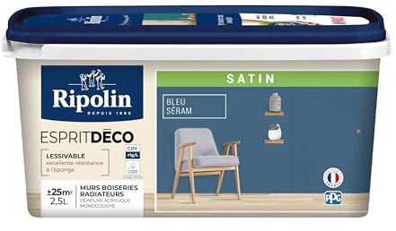 RIPOLIN - Peinture Intérieure Multi-Supports – Murs, Boiseries & Radiateurs – Ultra-Couvrante – Lessivable – Application Facile – Ecolabel - Satin - 2,5L - Bleu Seram