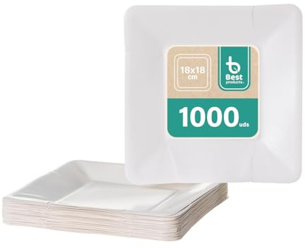 BEST PRODUCTS 1000 Platos Desechables | Cartón Ecológicos Biodegradables Compostables y Reciclables | Para Fiestas Cumpleaños Comuniones o Eventos | Cuadrados Llanos 18x18cm