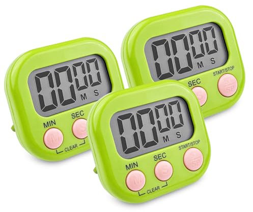 Newaner 3 Piezas Temporizador Cocina Digital Verde, Cronometro con Pantalla LCD Grande, Timer con Alarma Fuerte, Reloj Temporizador Respaldo Magnético para Estudiar Trabajar Cocina