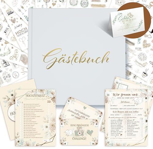 colortouch Gästebuch Hochzeit 100 Blanko Seiten mit Sticker, Hochzeitsspiel mit 70 Aufgaben, 50 Hochzeitsquiz, 52 Postkarten mit Fragen zum Ausfüllen, 10 Blatt Hochzeitsaufkleber, 50 St Tischkarten