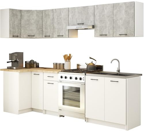 3E 3xE living.com Küchenset: eine Schublade, elf Türen, sechzehn Regale, Farbe: Beton|Weiß, A: B: 300 cm, H: 203 cm, T: 46 cm
