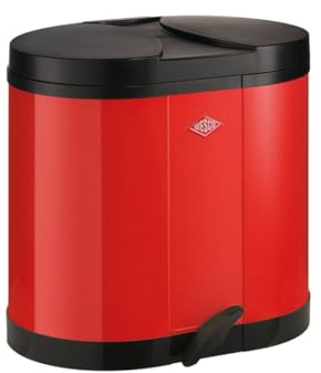 Wesco Ökosammler 170 in der Farbe rot, pulverbeschichtetes Stahlblech, zwei getrennte 15 Liter Einsätze aus Kunststoff, Kunststoff-Fußtritt