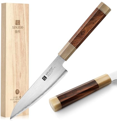 XINZUO Japonais ZDP-189 Acier Couteau Universel,14cm Couteaux d'Office Professionnel Acier Inoxydable Couteaux à Fruits et Légumes, Multifonctions Couteau de Cuisine-Poignée en Bois de Fer du Désert