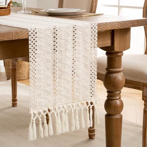 Tischläufer Beige Boho Tischdecke Baumwollleinen mit Quasten Waschbar Tischläufer Herbst Bauernhaus Gewebt Tisch Läufer 30X140cm für Küche Vintage Böhmische Hochzeit Tabletop Dekor
