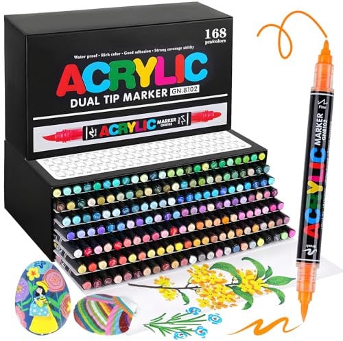 168 Farben Doppelspitze Acrylstifte – Wasserfeste Stifte für Steine Bemalen, Acrylmarker mit Pinselspitze (0,5-4,5mm) & Feiner Spitze (1mm), Acrylstifte für Steine, Glas, Holz, Papier