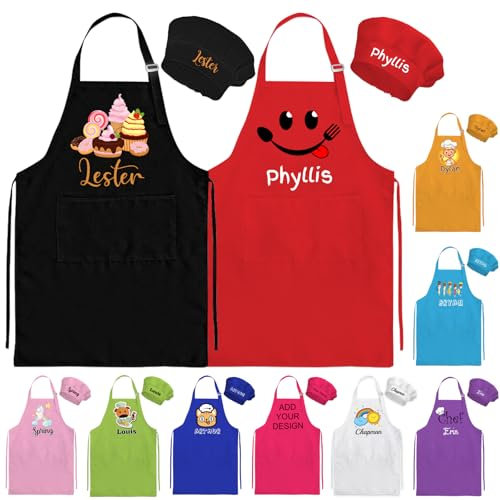 Delantales Personalizados para Niños Gorro y Delantal de Cocinero Delantal Infantil con Nombre Personalizado para Cocinar Hornear Pintar en la Cocina