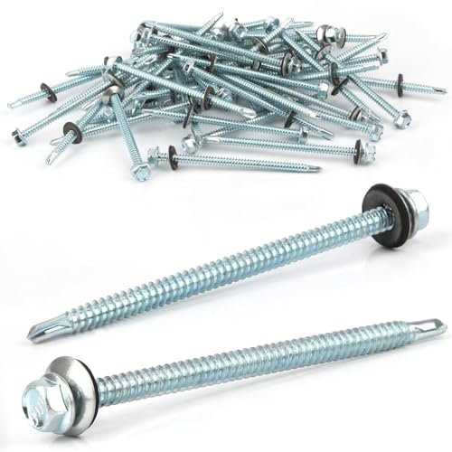 25 tornillos autorroscantes de 6,3 x 100 mm con junta, tornillos de techo con arandela de sellado (plata)