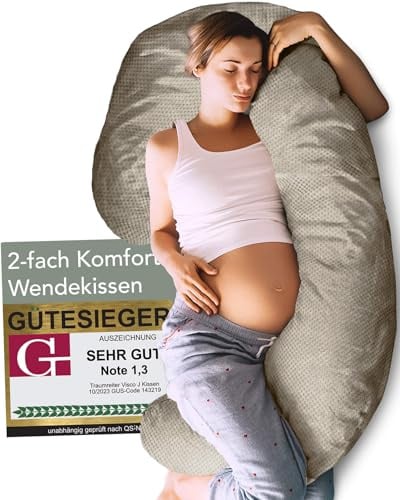 Traumreiter Seitenschläferkissen Visco Comfort XL mit Bezug Deluxe Leinenfarbig - Hybrid Kissen + 1cm Memory Foam – J Form Schwangerschaftskissen Gel Body Pillow Komfortkissen Ergonomie Zertifiziert