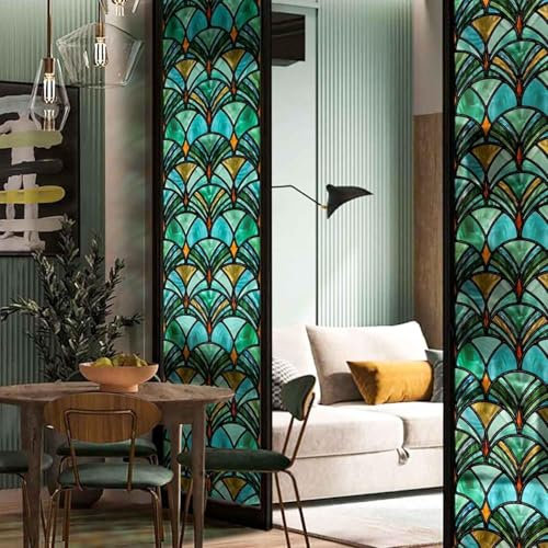 ChicSkin 43X300CM handgezeichnet Fensterfolie bunt, wasserblauer Fächer statische fensterfolie, Folie für Fenster Vintage Art Deco, Wohnzimmer Schlafzimmer buntglas fensterfolie Fensterdekoration
