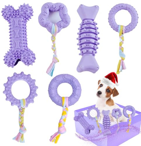Bambinom Chew Toys – 6 Pack Soft Rubber Teething Toys for Small Dogs, Eco-Friendly Interactive Dog Toys, Teeth Cleaning, Cute Purple Design