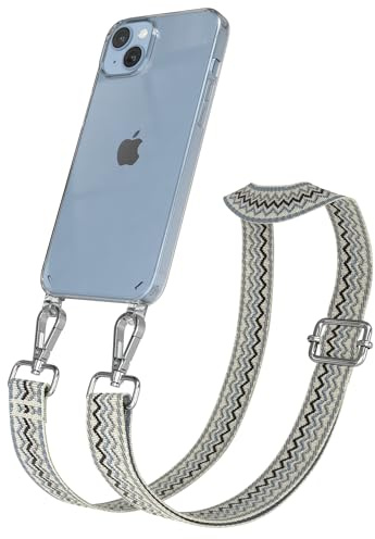 EAZY CASE Handykette - Verstellbares Taschenband kompatibel mit iPhone 14 Plus, Schulterriemen, Handykordel mit Silikon Hülle, Umhängetasche, Beige Blau Silber
