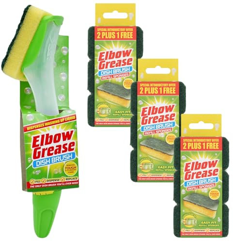 Sponges Washing Up Soap Dispensing Bottle Brush, Cleaning Brush Elbow Grease Washing up Sponge Dish Brush Refill (DD Bundle - Brush + 10 Heavy Duty Sponge Refills)