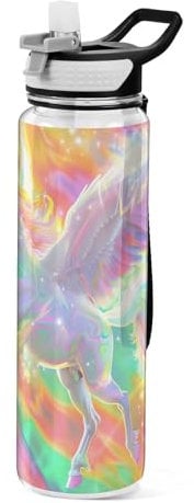 Mnsruu Unicorn Rainbow Glitter Water Bottle 1L with Straw, Leakproof BPA Free Tritan Drink Bottle, Sport Water Bottle for Men Women Kids