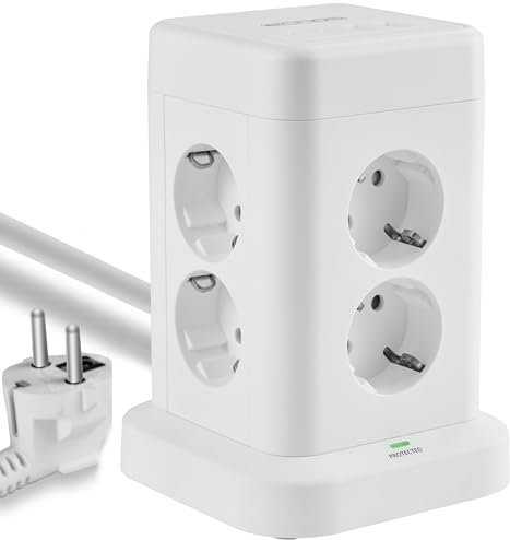 Echos - 12-in-1 Steckdosenturm Steckdosenleiste mit 3M Kabel Verteilersteckdose 8 Fach Mehrfachsteckdose mit USB C - Steckdosenverteiler 4 Fach USB Mehrfachstecker mit Schalter Steckdosenadapter