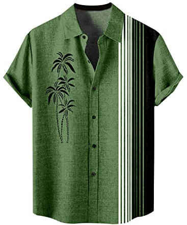 Casual Shirts for Men Beach Summer Vacation Stylish Bowling Shirt Button Down Short Sleeve Loungewear Mens Lightweight Collared Hawaiian Shirts Casual Vintage Coconut Printed T-Shirt Green