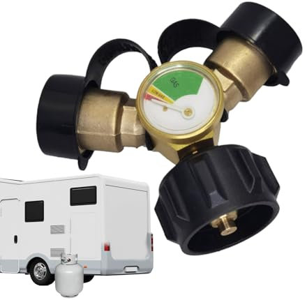 Sghtil Séparateur de Propane Double Voie - Raccord Double pour Bouteille de Gaz avec Manomètre,Robinet d'Arrêt en Laiton Accessoires Poêles Anti-Fuite pour Chauffages Camping-Barbecues