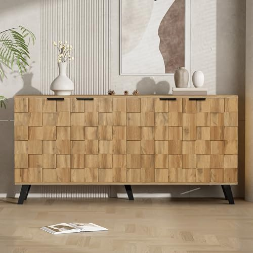 Sideboard mit 4 Türen Metallgriffe Buffet für Wohnzimmer Schlafzimmer Esszimmer Küche Büro Anrichte Moderner Kabinett Beistellschrank Holzfarbe