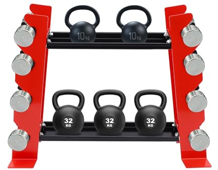 Platzsparender Hantelständer Kurzhanteln bis 150kg, Hantelablage aus Stahl mit 8 Ablagefächen & 2 Regalen, Gym Zubehör für Home Gym, Fitnessstudio – Rot/Schwarz 71x20.5x53cm