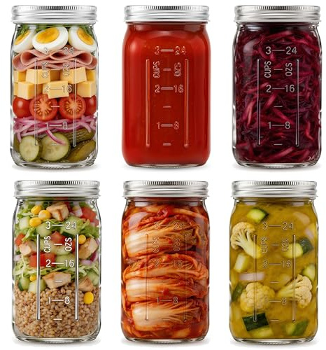 Danmu Art 1 Litre Wide Mouth Mason Jars with Lids, Glass Jam Jars 6 Pack | For Pickling, Canning, Preserving & Overnight Oats, Airtight Seal, BPA-Free, Meal Prep & Jam Storage