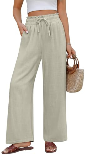 PASUDA Pantaloni Donna Estivi in Cotone e Lino Eleganti Elastico Vita Alta Leggeri Comodi Larghi Casual con Tasche