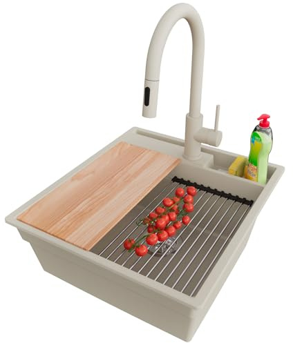 PRIMAGRAN Granitspüle ab 50er Unterschrank + Küchenarmatur, 48x53cm | Set: Küchenarmatur BW9010 + Ablauf-Set (Siphon, Ablaufgarnitur, Überlauf) + Spülbecken 1 Becken - Oslo Pocket, Beige