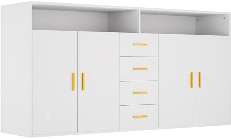 HOMAVO Sideboard BG1-L, 160x81x40 cm, Spanplatte mit Melaminbeschichtung, 2 Türen und 4 Schubladen, Wohnzimmer Kommode, Wahlweise in Schwarz, Weiß, Walnuss oder Grau-Marmor (Weiß)