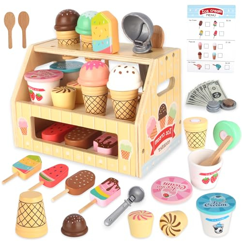 Carretto Gelati Giocattolo in legno per bambini,set gelateria 36 pezzi con espositore e monete, Carretto Gelati Giocattolo per gioco di ruolo educativo per bambini da 3 anni