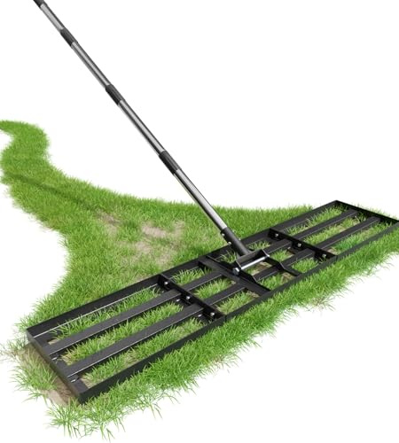Rateau Nivellement 114 x 25 cm, râteau de nivellement, avec Manche Acier Inoxydable 180 cm, Outil Robuste réglable, rateau Jardin et rateau Gazon pour niveler Terre, Sable et pelouses