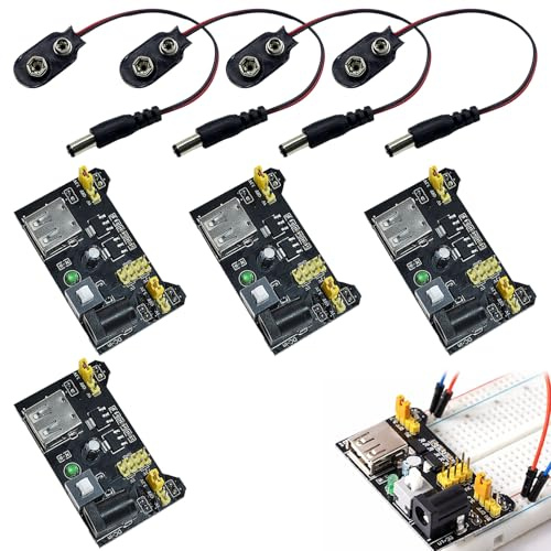 4 Pack 3.3V 5V MB102 Breadboard Power Supply Module with 9V Battery Clip Power Cable for Solderless Breadboard MB102 Compatible with Arduino
