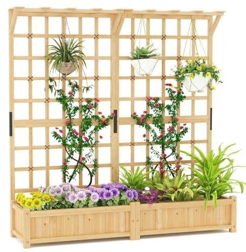 GOPLUS Pflanzkasten mit Rankgitter, Blumenkasten mit Spalier, Dachregal & Ablauflöchern, Hochbeet Holz mit Sichtschutz, Rankhilfe für Kletterpflanzen, Gartenbeet Pflanzkübel für Garten Terrasse, Natur