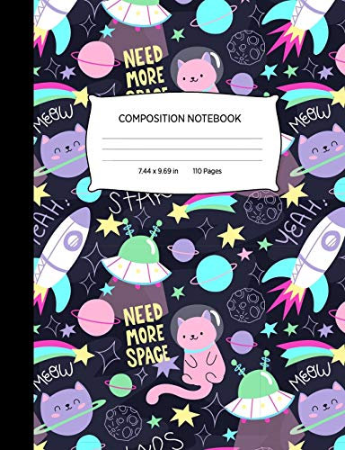 Composition Notebook: Cute Outer Space Cats Blank Lined Wide Ruled Notebook Journal