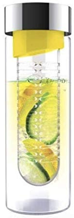 Asobu Bouteille d'eau en verre avec infuseur à fruits, Verre Acrylique Acier inoxydable, Couvercle jaune/argenté., 16OZ / 480ML