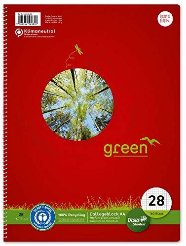 Staufen Green Collegeblock - DIN A4, Lineatur 28 (kariert mit Randlinien), 160 Blatt, 4-fach Lochung, premiumweißes 70g/m² Recyclingpapier, 1 Stück