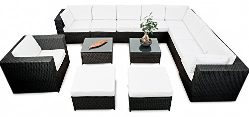 erweiterbares 38tlg. XXXL Gartenmöbel Lounge Set Polyrattan - schwarz - Garnitur Lounge Gartenmöbel Sitzgruppe XXXL - inkl. Lounge Ecke + Sessel + Hocker + Tisch + Kissen