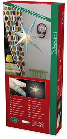 Konstsmide Blauer Papierstern, perforiert und mit weiß bedrucktem Muster, 7 Zacken, inkl. Anschlusskabel mit an/aus Schalter, ohne Leuchmittel, E14 Gewinde, 230V, Innen, weißes Kabel - 2933-420