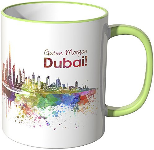 WANDKINGS® Tasse, Schriftzug Guten Morgen Dubai! mit Skyline - HELLGRÜN