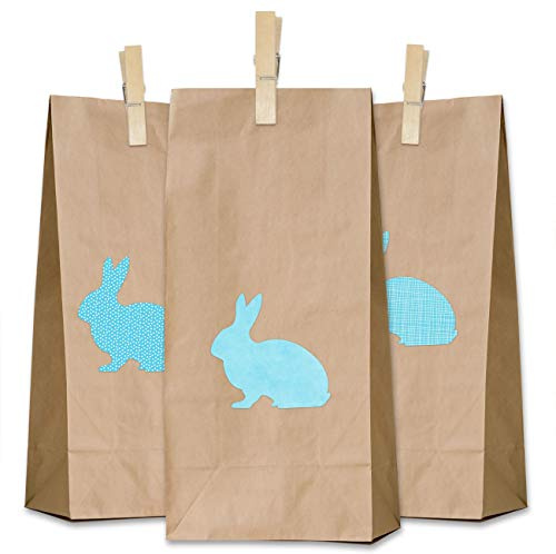 Papierdrachen 12 DIY Geschenktüten zu Ostern mit Osterhasen Aufklebern zum Befüllen - Do It Yourself Osternest mit 12 Papiertüten - Design Hellblau